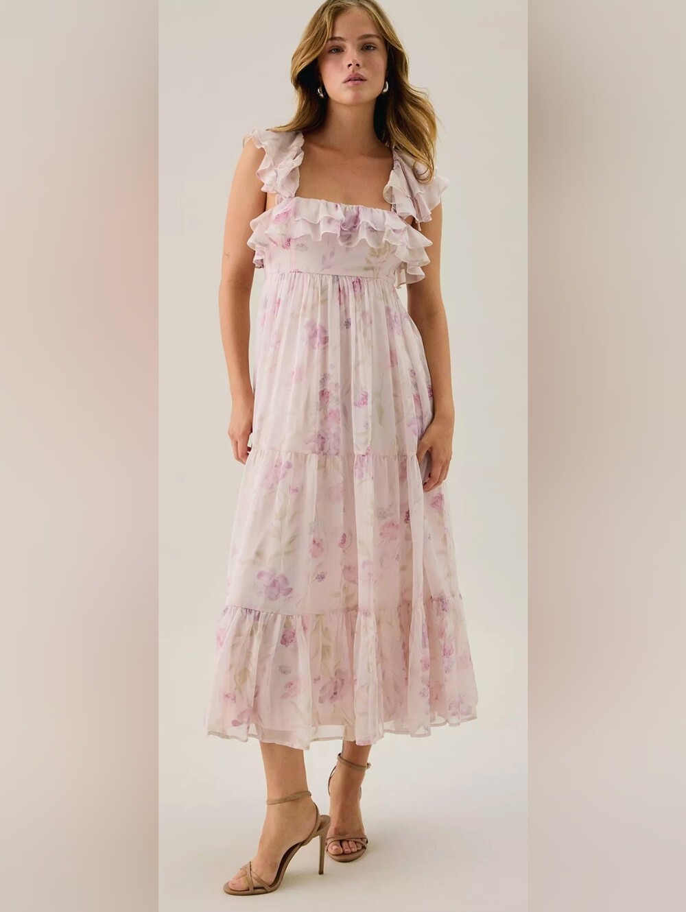 NWT: Lulus Diedre Rose Pink Floral Print Ruffle Tiered Cutout Chiffon Maxi Dress